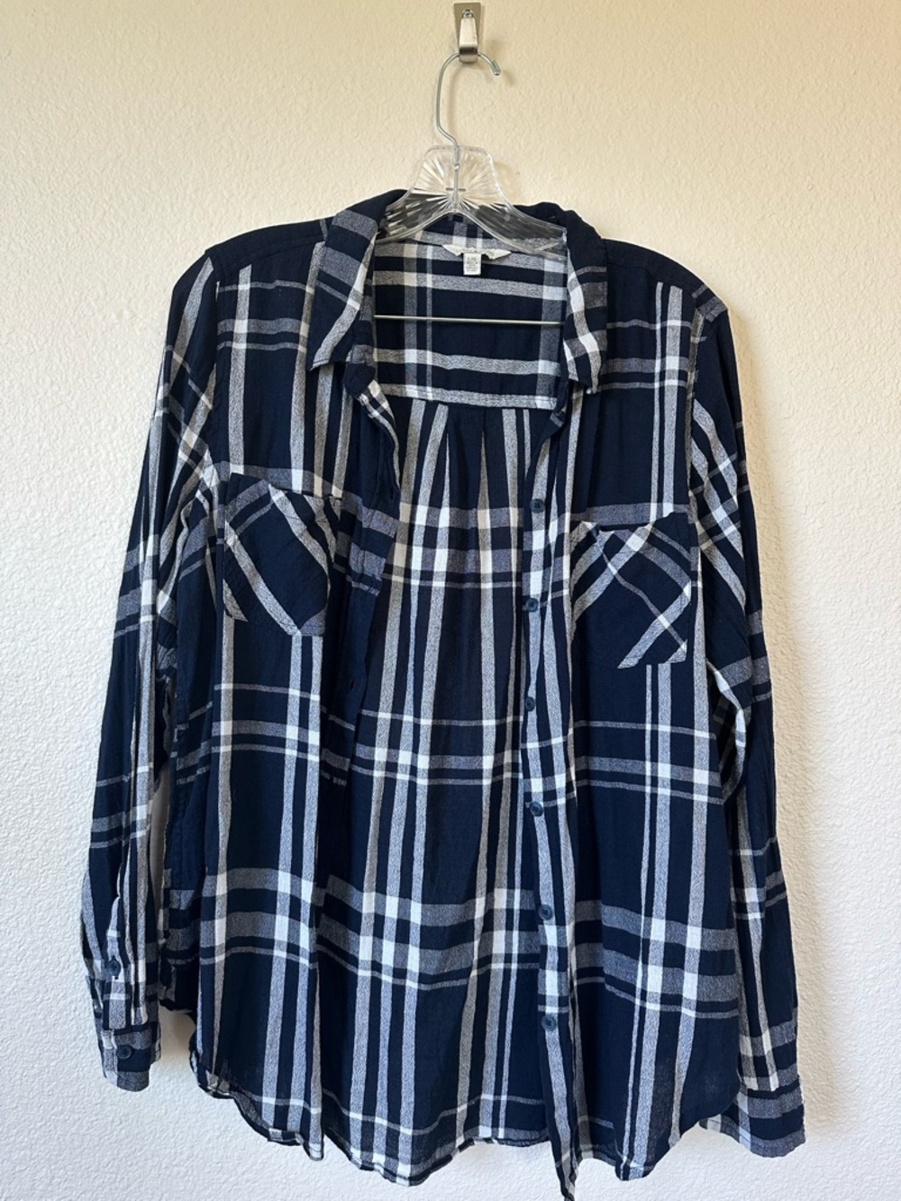 Lucky Brand Plaid Gauze Button Down Shirt Navy White Large